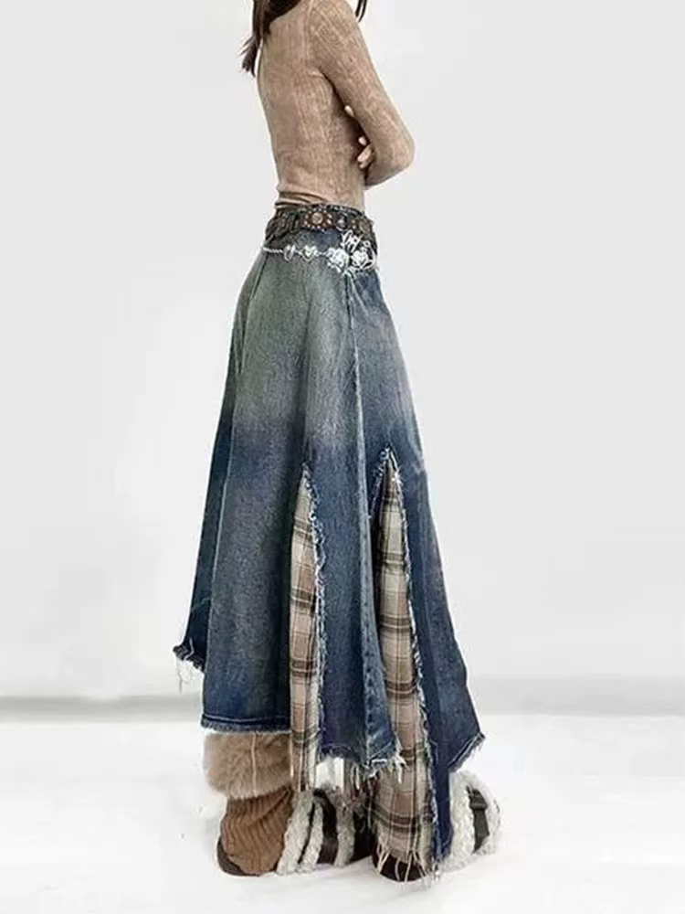 Denim Skirt Midi Vintage - Jupes mi-longues en Denim pour femmes,
