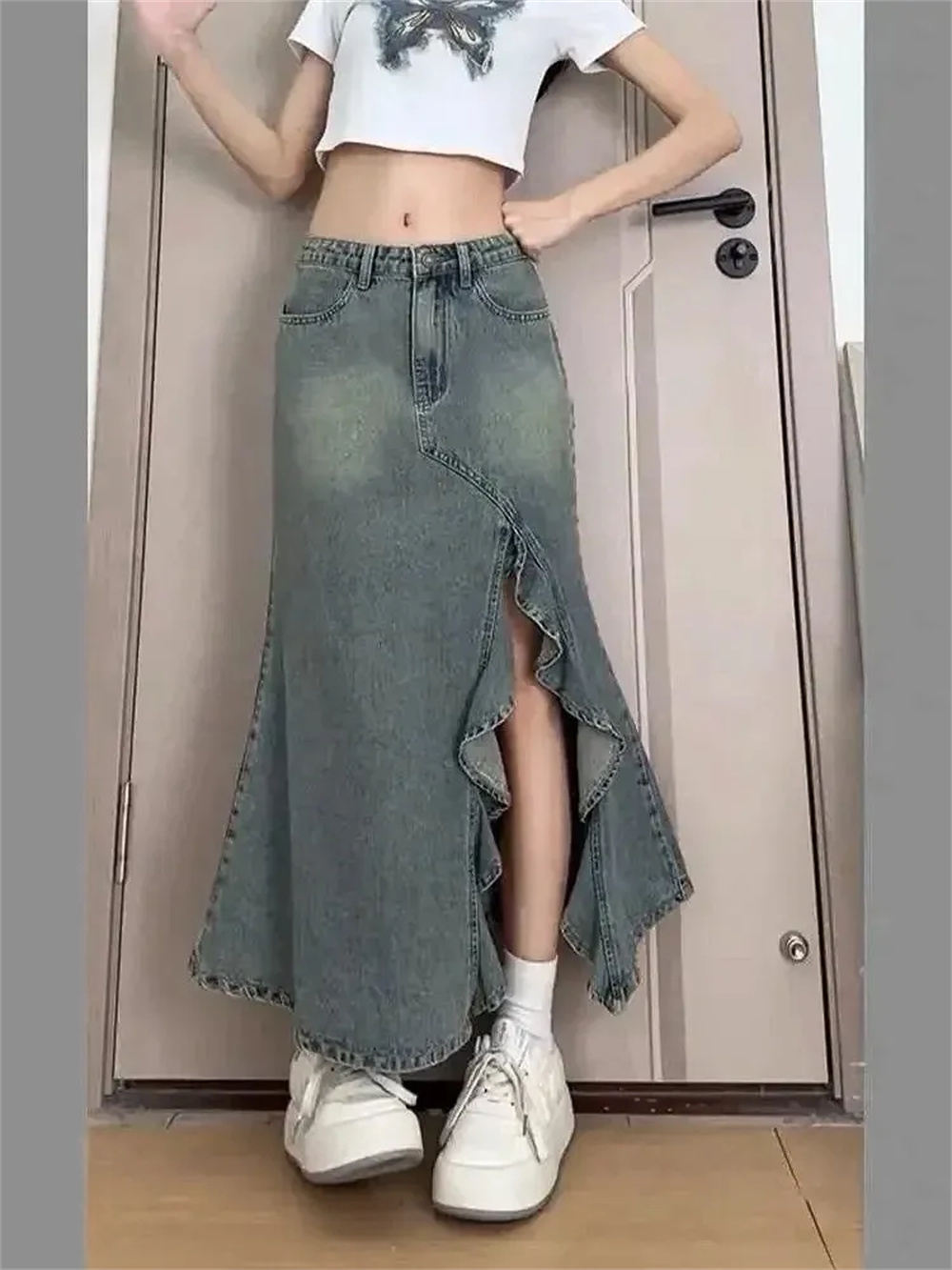 Denim Skirt Midi Vintage - Jupe en jean rétro coréenne pour