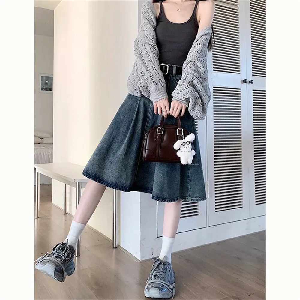 Denim Skirt Midi Vintage - Jupe plissée en jean taille haute