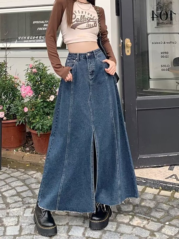 Denim Skirt Midi Vintage - Jupe en jean fendue à taille
