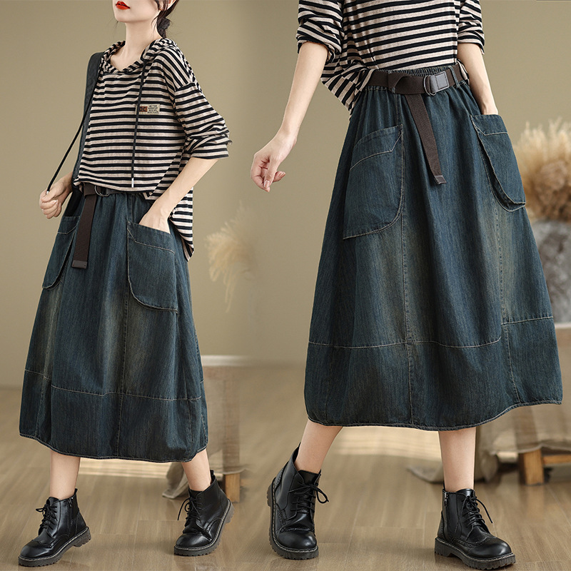 Jupe en jean grande taille ave - Denim Skirt Midi Vintage avis et prix