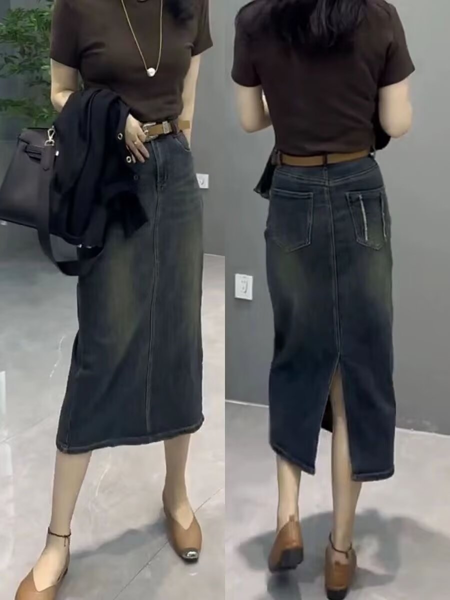 Jupe en jean mi-longue taille  - Denim Skirt Midi Vintage avis et prix