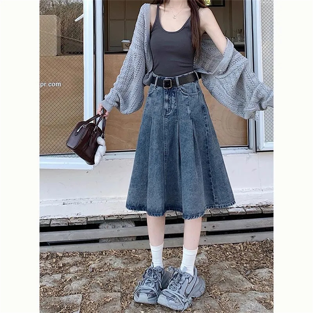 Jupe plissée en jean taille ha - Denim Skirt Midi Vintage avis et prix