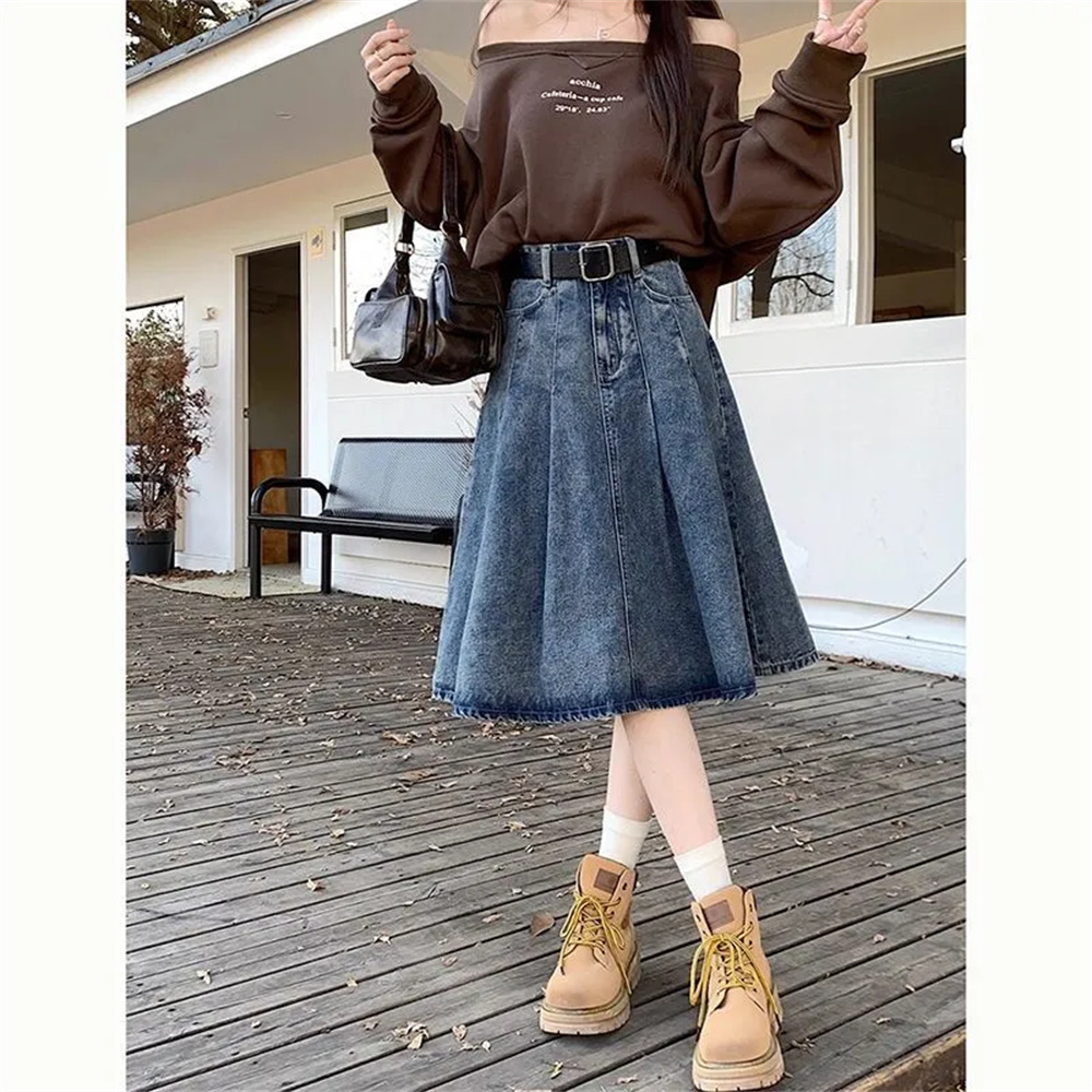 Jupe plissée en jean taille ha - Denim Skirt Midi Vintage avis et prix