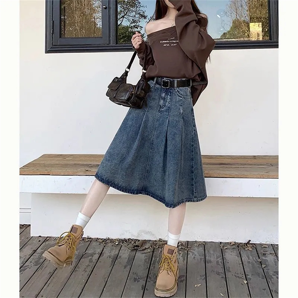Jupe plissée en jean taille ha - Denim Skirt Midi Vintage avis et prix