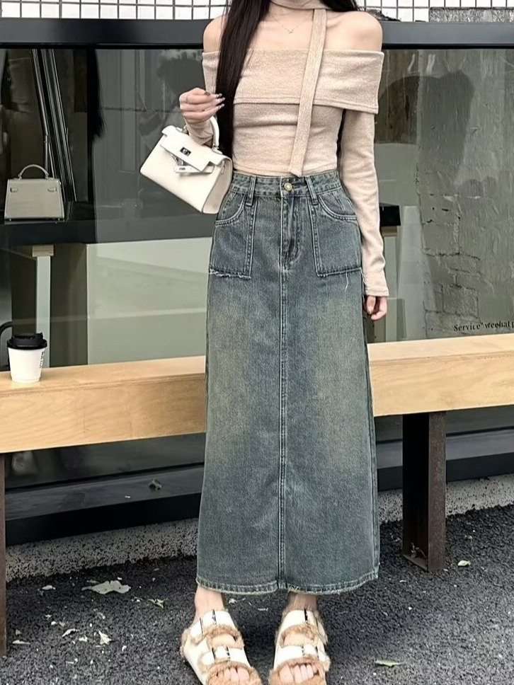 Jupe en jean mi-longue taille  - Denim Skirt Midi Vintage avis et prix